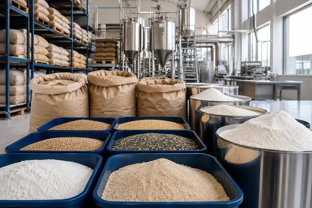 Ingredientes alimentarios a granel en una instalación limpia de procesamiento y almacenamiento