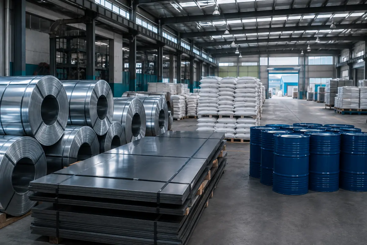 Almacén industrial con acero, materias primas en sacos y tambores preparados para suministro