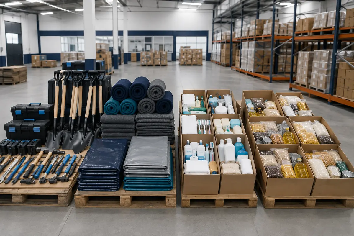Herramientas, insumos de pernocta, kits de higiene y despensas organizados para distribución institucional